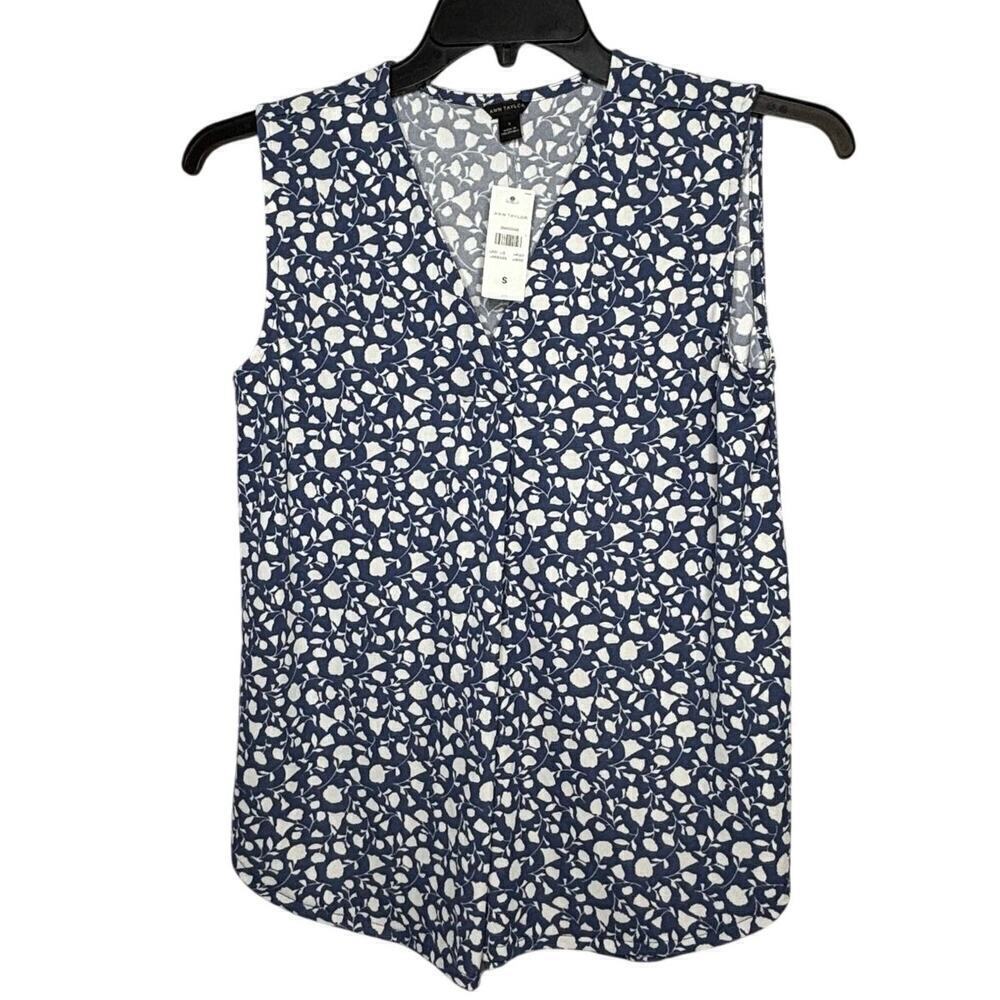 Ann Taylor Blue & White Popover Pleat Floral Stretchy Knit Top Size Small New